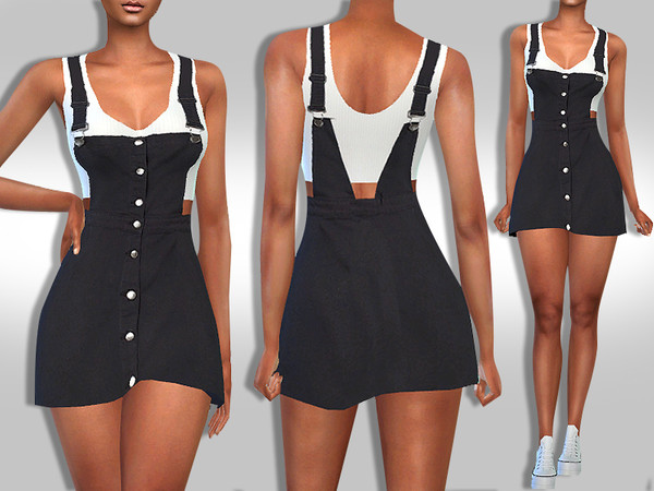 Sims 4 Female Black Button Denim Dress with Top by Saliwa at TSR