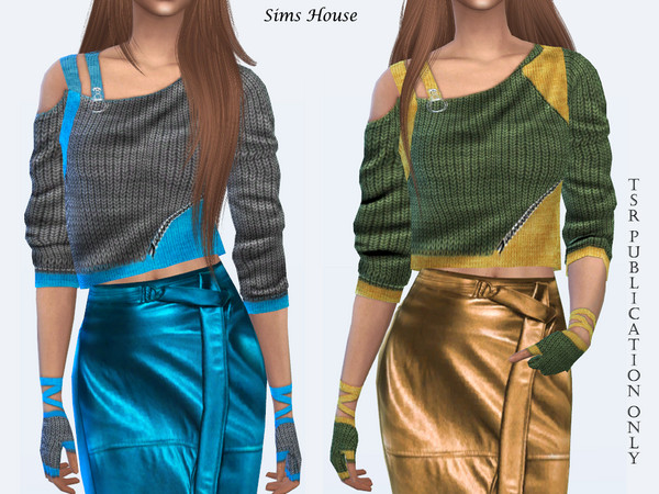 Sims 4 One shoulder sweater with mitts by Sims House at TSR