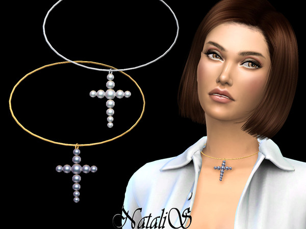 Sims 4 Pearl cross pendant choker by NataliS at TSR