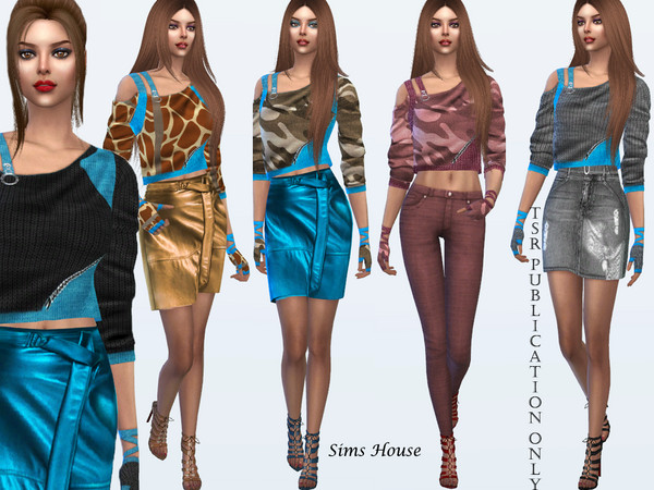 Sims 4 One shoulder sweater with mitts by Sims House at TSR