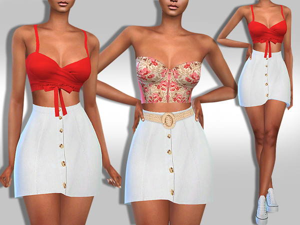 Sims 4 White Button Denim Skirt with Belt and Without Belt by Saliwa at TSR