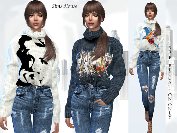 Sims 4 Womens knitted sweater with a collar and print by Sims House at TSR
