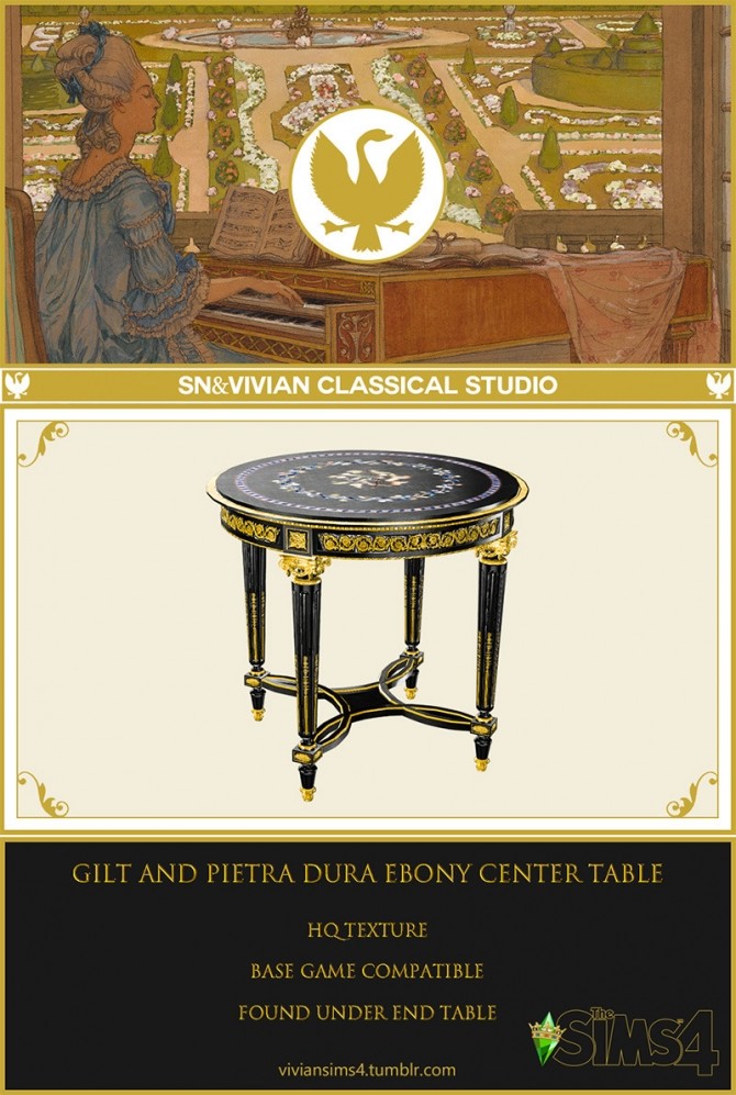 Sims 4 Gilt and pietra dura ebony center table (P) at Viviansims Studio