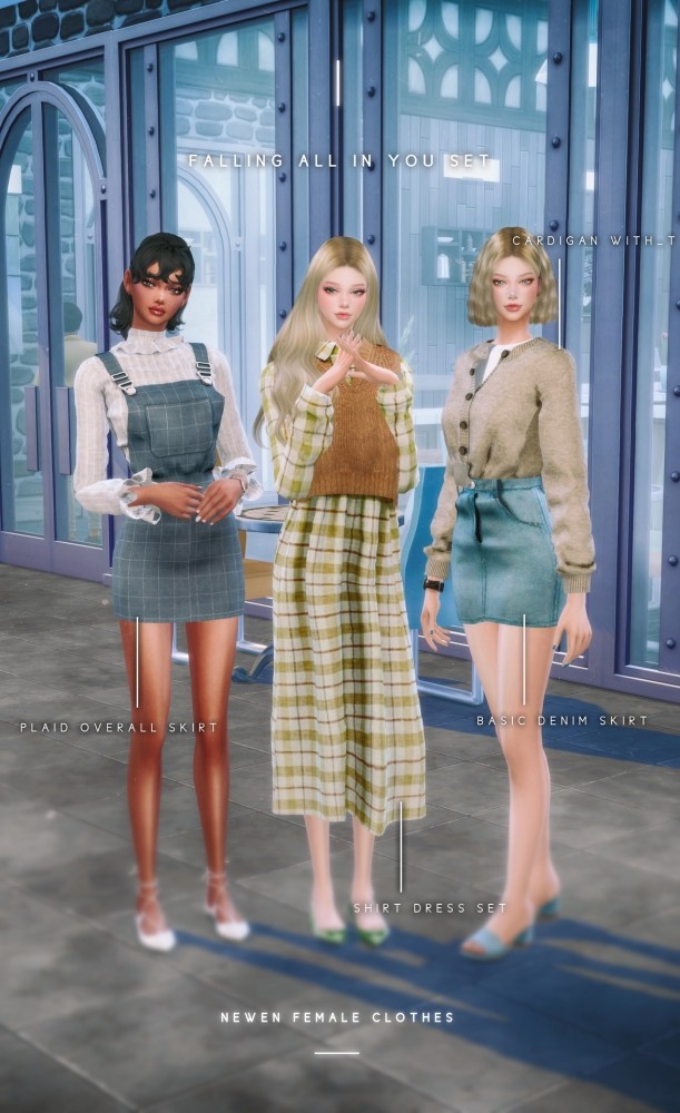 Sims 4 Plaid Overall Skirt, Cardigan, Denim Skirt & Shirt Dress Set at NEWEN