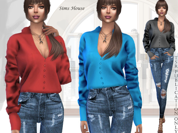 Sims 4 Satin Womens Long Sleeve Blouse by Sims House at TSR