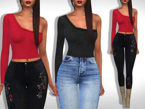 Sims 4 Female One Shoulder Winter Tops by Saliwa at TSR