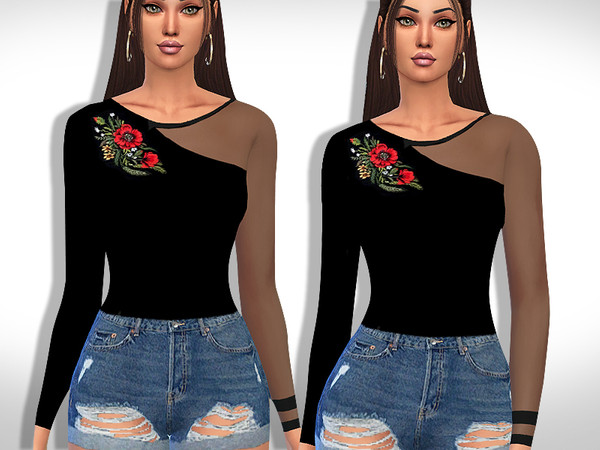 Sims 4 Female Embellished One Shoulder Transparent Top by Saliwa at TSR