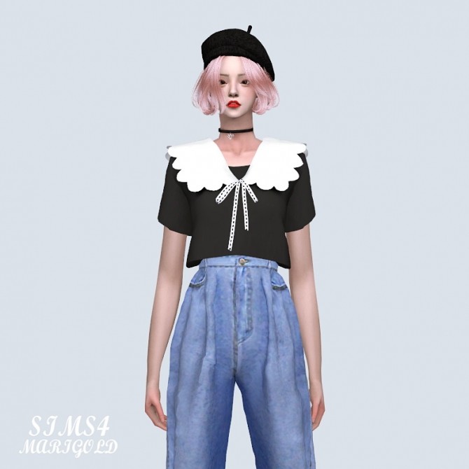 Sims 4 Scallop Collar Blouse With Bow (P) at Marigold