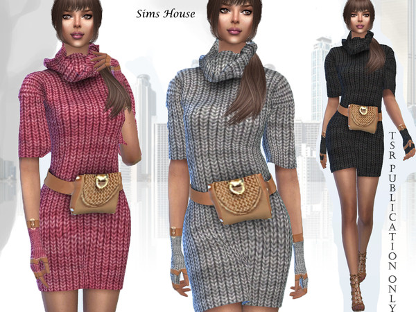 Sims 4 Knitted dress with a waist bag by Sims House at TSR