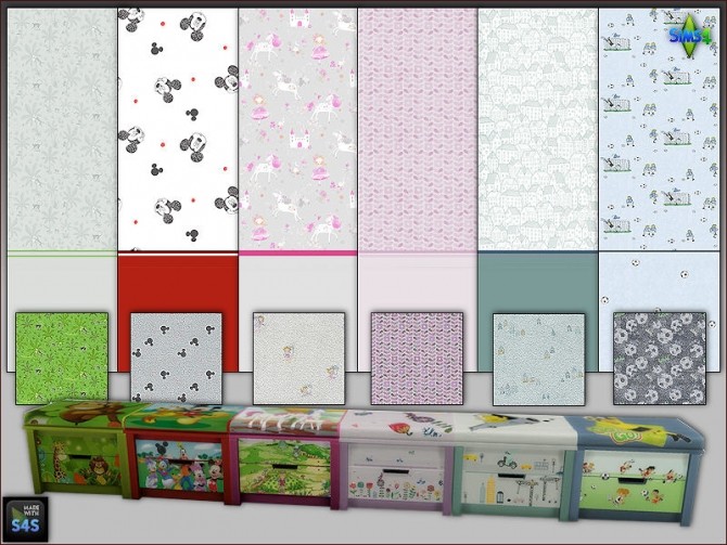 Sims 4 Toy boxes, wallpapers and carpet floors by Mabra at Arte Della Vita