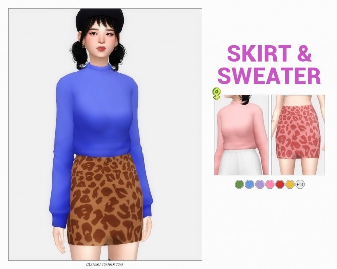 Sims 4 Leopard mini skirt & mock neck sweater at Casteru