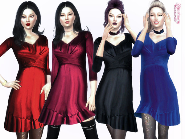 Sims 4 Elegant Silky Satin Dress + Velvet Finish by Simsimay at TSR