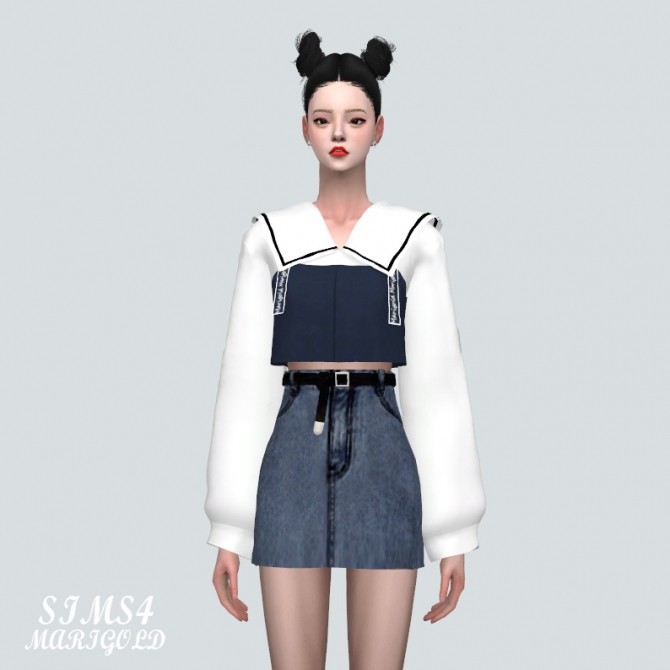 Sims 4 Suspenders Crop Top With Big Collar Blouse (P) at Marigold