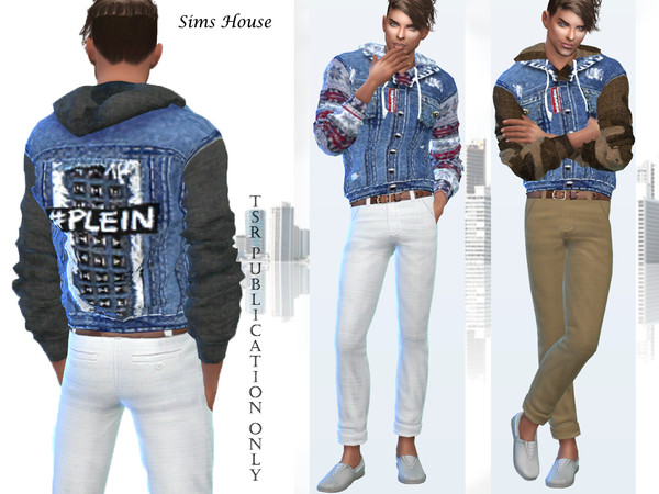 Sims 4 Mens sweater with a hood and a denim vest by Sims House at TSR