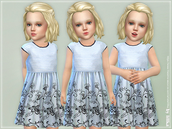 Sims 4 Blue & White Stripe Embroidered Dress by lillka at TSR