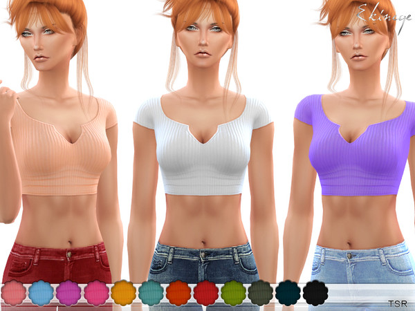 Sims 4 Ribbed Split V Neck Crop Top by ekinege at TSR
