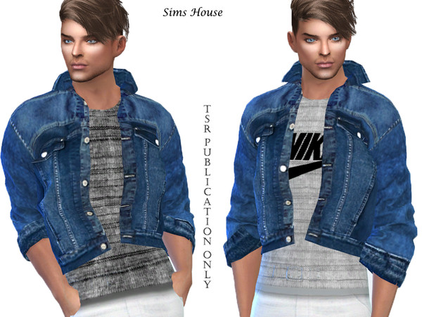 Sims 4 Mens denim jacket with a t shirt by Sims House at TSR