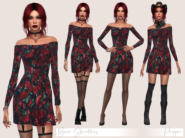 Sims 4 Bare Shoulders simple short dress by Paogae at TSR