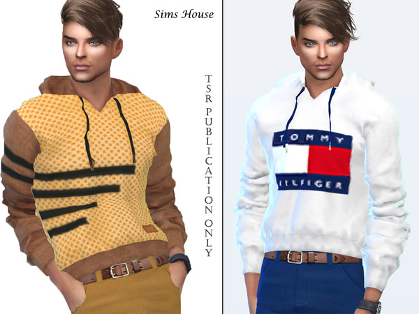 Sims 4 Mens sweater with a hood and print by Sims House at TSR