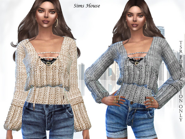 Sims 4 Womens blouse knitted with lacing by Sims House at TSR