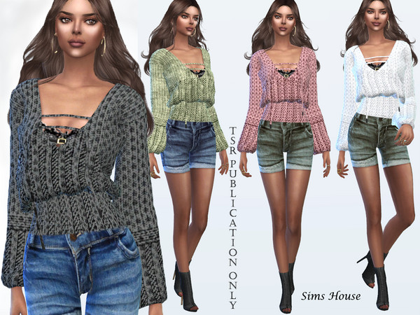 Sims 4 Womens blouse knitted with lacing by Sims House at TSR