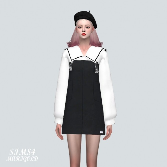 Sims 4 Suspenders Mini Dress With Big Collar Blouse (P) at Marigold