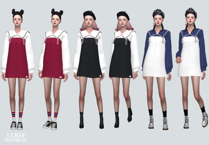 Sims 4 Suspenders Mini Dress With Big Collar Blouse (P) at Marigold