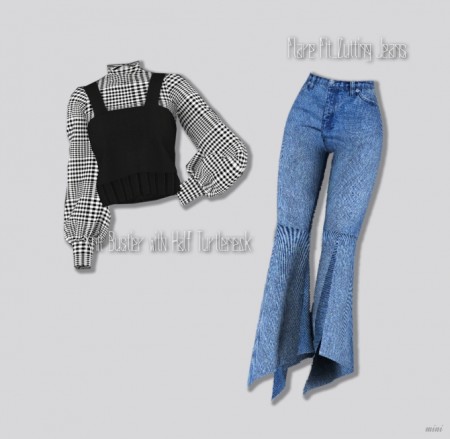 Knit Bustier with Half Turtleneck & Flare Fit Cutting Jeans at MINI SIMS