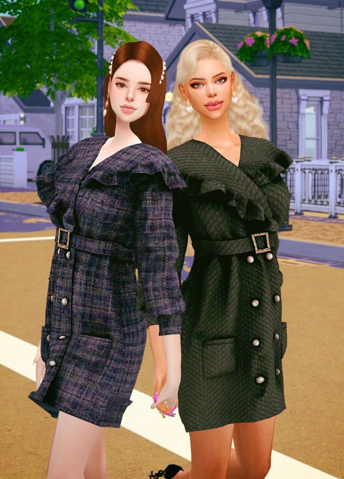 Sims 4 Frill tweed coat dress at RIMINGs