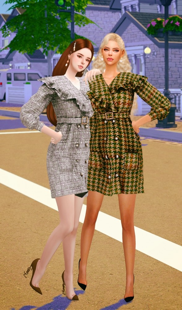 Sims 4 Frill tweed coat dress at RIMINGs