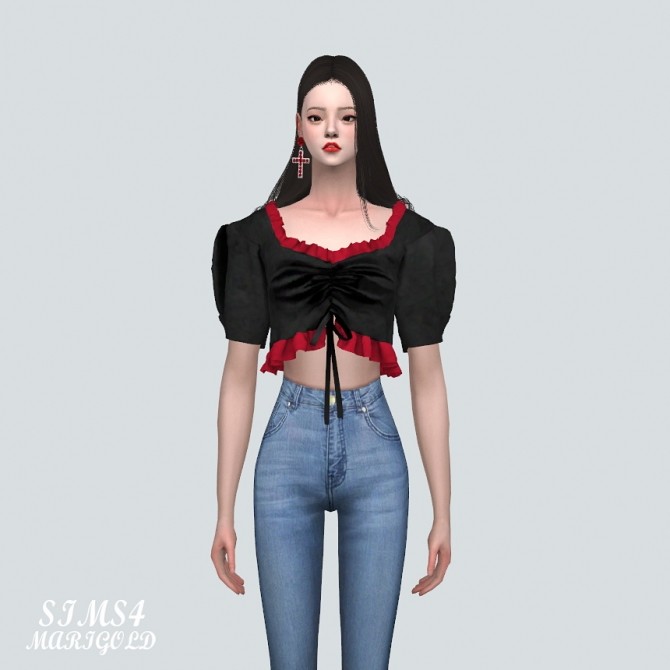 Sims 4 Velvet Shirring Frill Blouse Short Sleeves V at Marigold