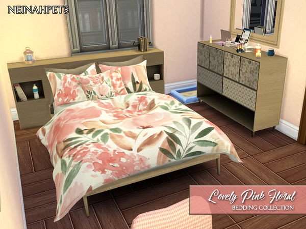 Sims 4 Lovely Pink Floral Bedding Collection by neinahpets at TSR
