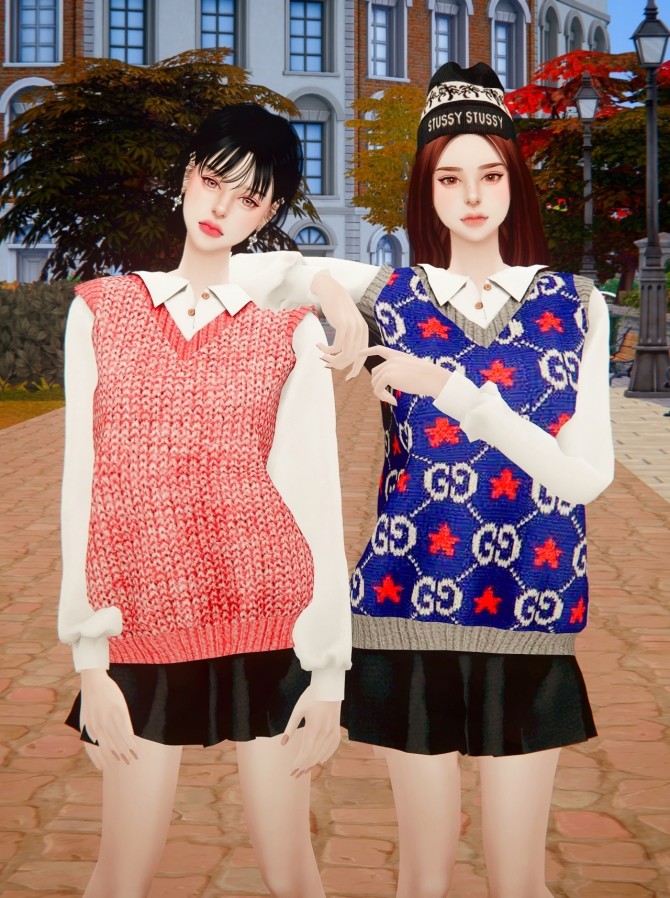 Sims 4 Knit vest & pleated skirt at RIMINGs