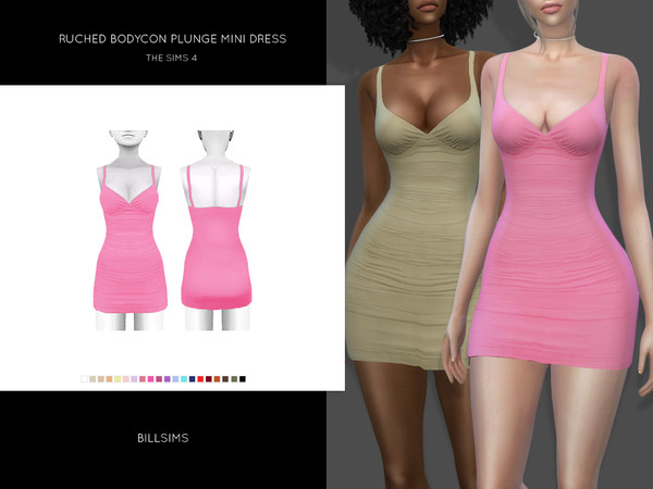 Sims 4 Ruched Bodycon Plunge Mini Dress by Bill Sims at TSR