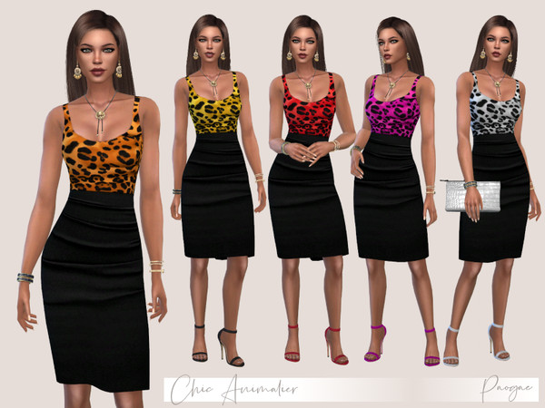 Sims 4 ChicAnimalier High waisted black skirt and leopard print top by Paogae at TSR