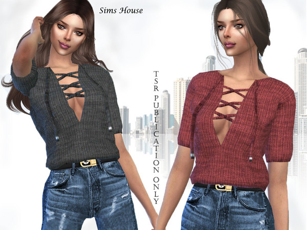 Sims 4 Womens T shirt with lacing on the neckline by Sims House at TSR