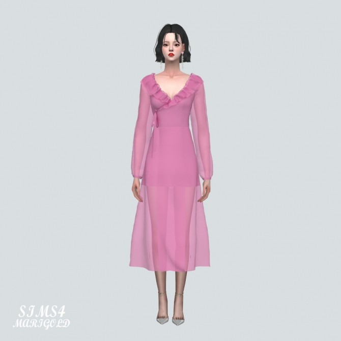 Sims 4 Chiffon Frill Wrap Long Dress at Marigold
