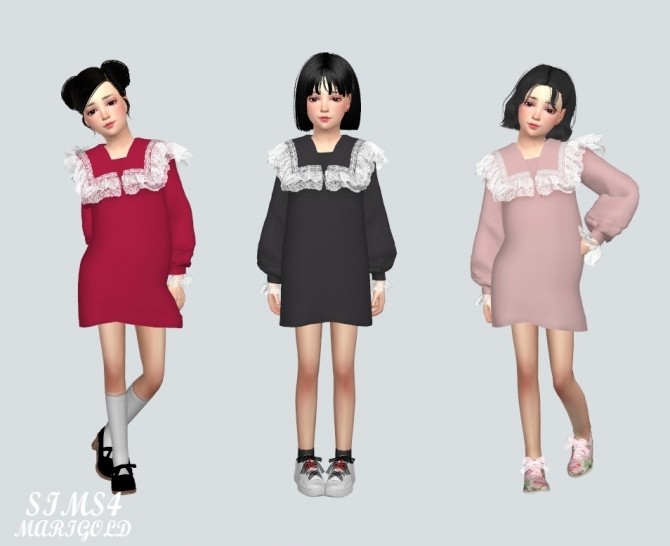 Sims 4 Child Lovely Frill Lace Blouse Mini Dress at Marigold