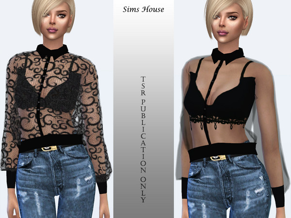 Sims 4 Transparent blouse with long sleeves by Sims House at TSR