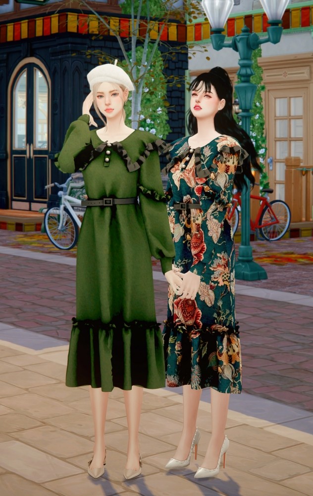 Sims 4 Frill collar long dress at RIMINGs