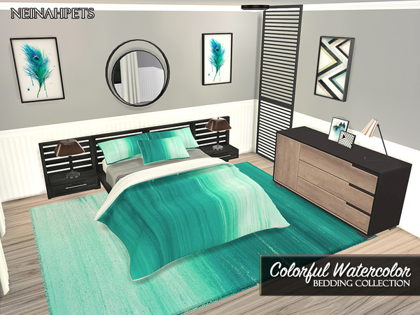 Sims 4 Colorful Watercolor Bedding Collection by neinahpets at TSR