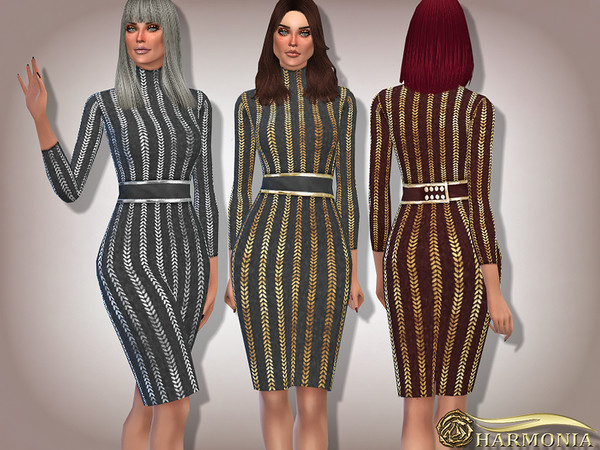 Sims 4 Metallic Patterned Turtleneck Dress by Harmonia at TSR