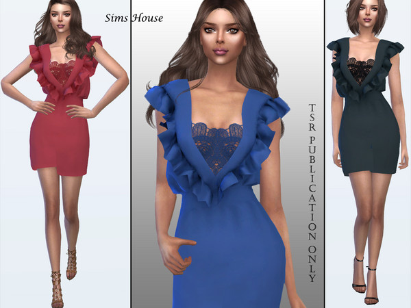 Sims 4 Short dress of ruches on shoulders by Sims House at TSR