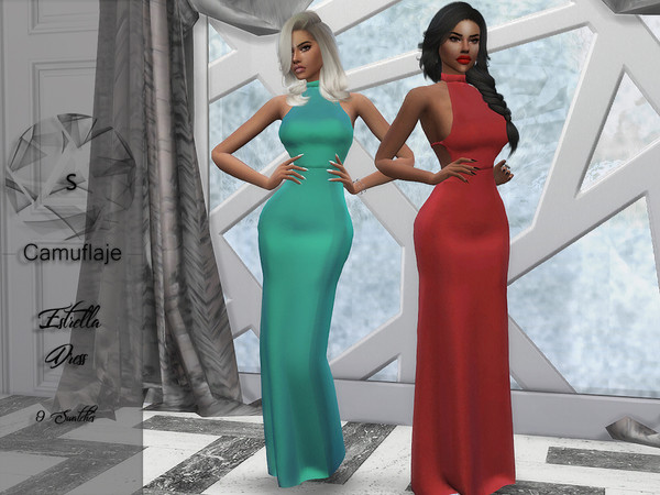 Sims 4 Estrella long dress by Camuflaje at TSR