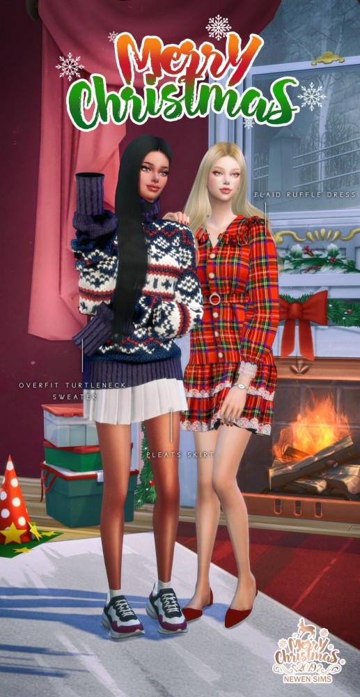 Sims 4 Overfit Turtleneck Sweter + Pleated Skirt & Plaid Ruffle Dress at NEWEN