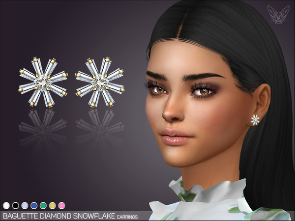 Sims 4 Baguette Diamond Snowflake Earrings by feyona at TSR