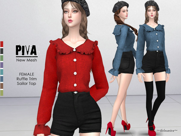 Sims 4 PIVA Ruffle trim top by Helsoseira at TSR