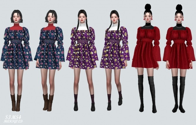 Sims 4 Love Puff Sleeves Mini Dress With Turtle Neck at Marigold