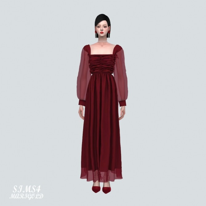 Sims 4 Shirring Flare Long Dress at Marigold