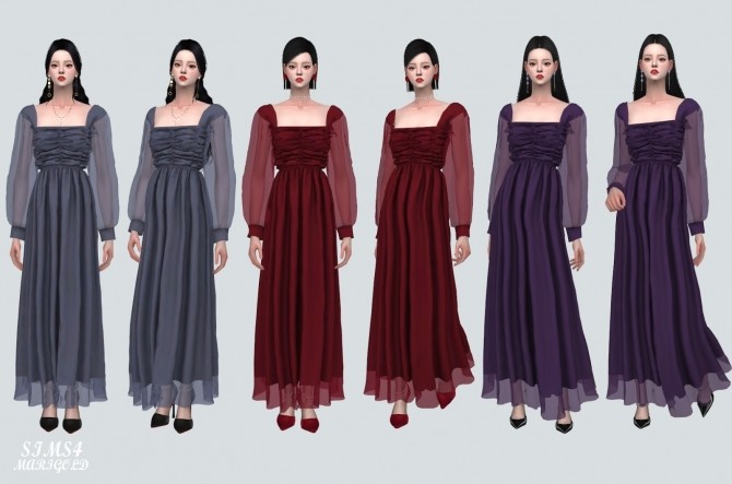 Sims 4 Shirring Flare Long Dress at Marigold